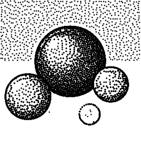 Cartoon spheres, stippled with parameters (5, 5, 0, 15)